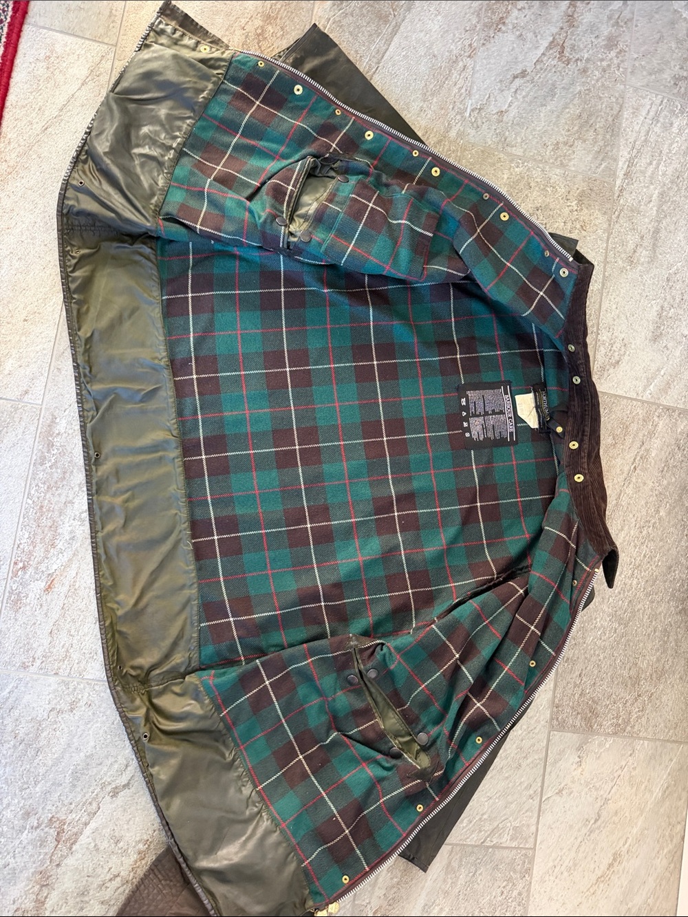 Barbour Dark Olive Waxed Cotton Field Jacket with Brown Cord Collar and Hat - Picture 4 of 16
